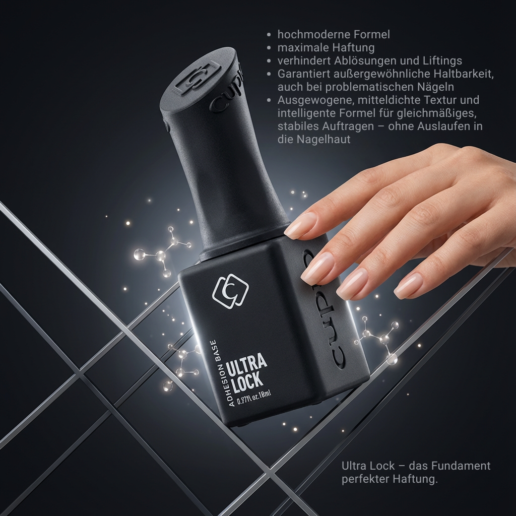 Flasche Ultra Lock Nagelkleber mit Hand und Erklärung der Vo
