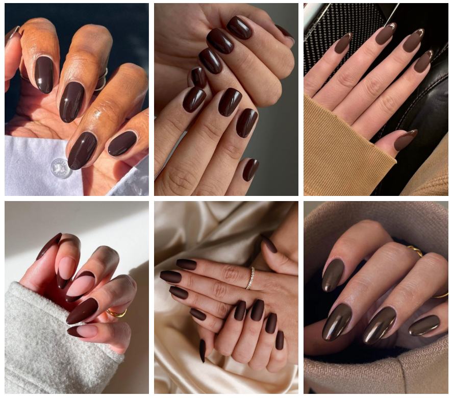 Collage mit schokobraunen Gelnägeln in verschiedenen Formen