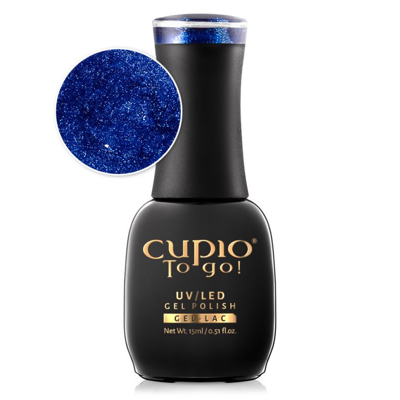 Flasche mit Cupio To go! UV/LED Gel Polish in intensivem Blauton und Glitzer-Effekt