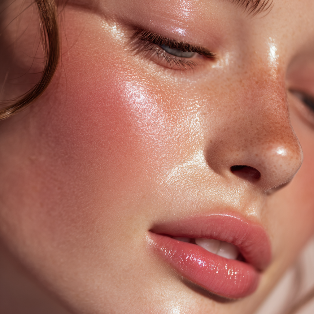 Weibliches Gesicht mit glänzender Haut und natürlichem Make-