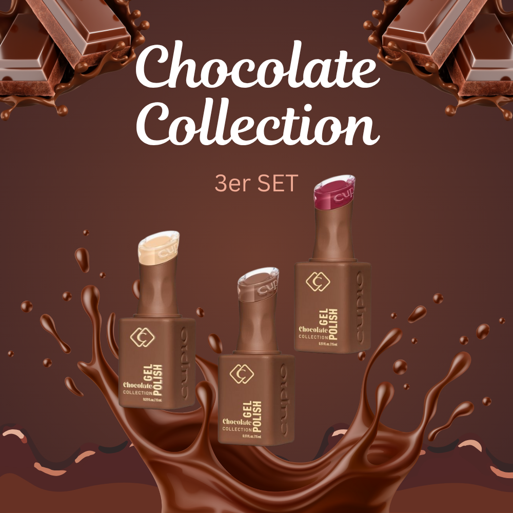 Drei Nagellackflaschen aus der Chocolate Collection vor Scho