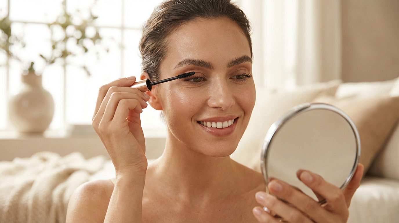 Lächelnde Frau schminkt Wimpern mit Mascara