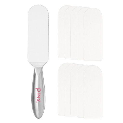 Metallspatel mit zehn weißen Einweg-Schleifblättern, ideal für professionelle Pediküre.