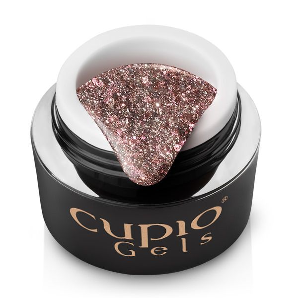 Dose mit roséfarbenem glitzernden Nagelgel von Cupio Gels