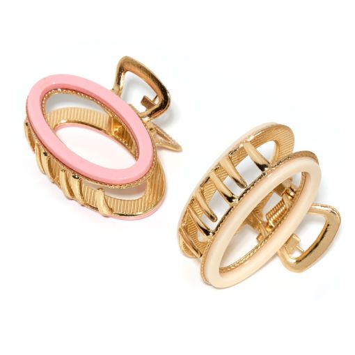 Zwei stilvolle Haarklammern in Gold mit rosa und beigem Akzent