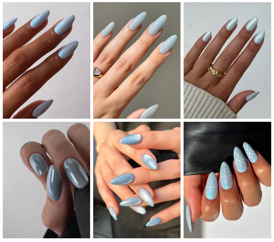 Collage hellblauer Gelnägel mit Glitzer und Schneeflocken