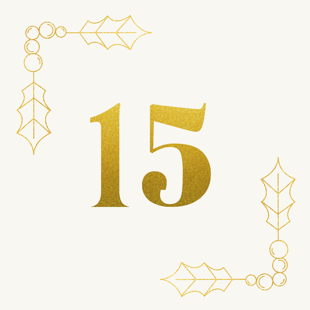 Zahl 15 in Gold mit weihnachtlichen Ornamenten