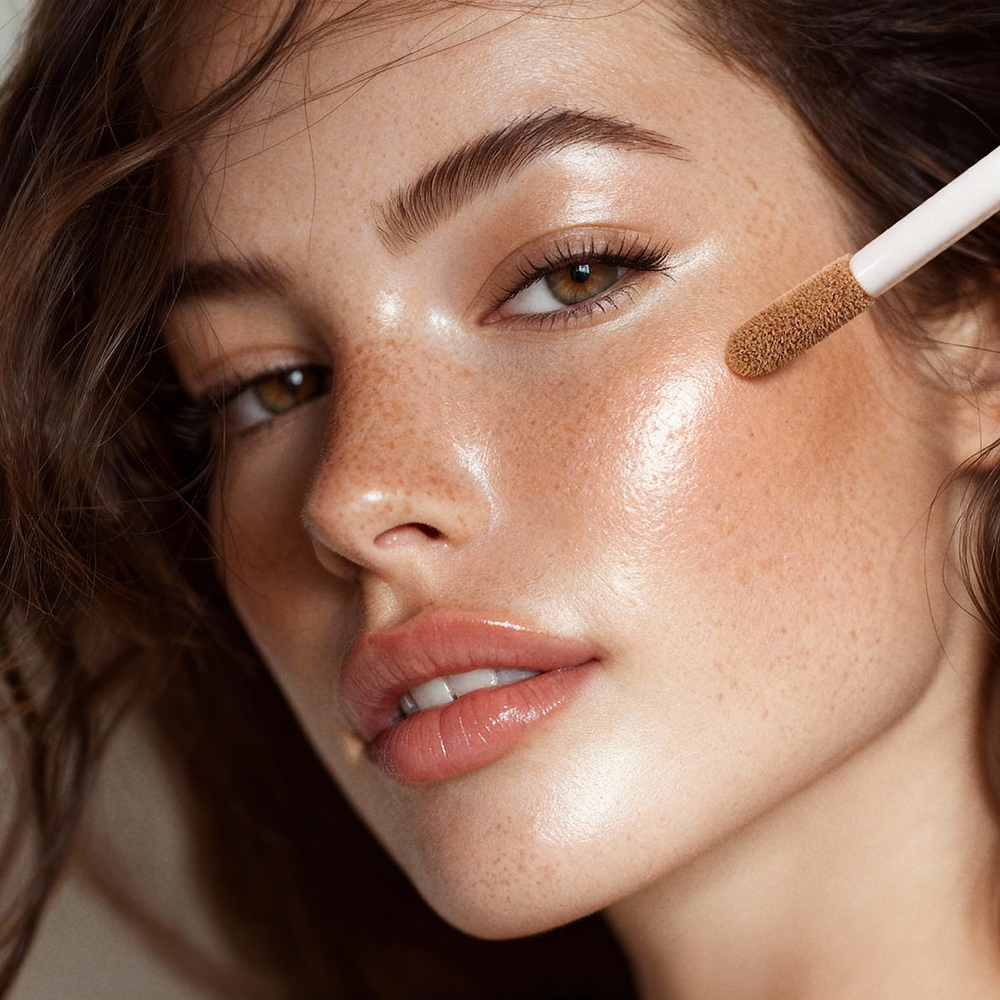 Frau trägt flüssigen Make-up Concealer auf Wange auf